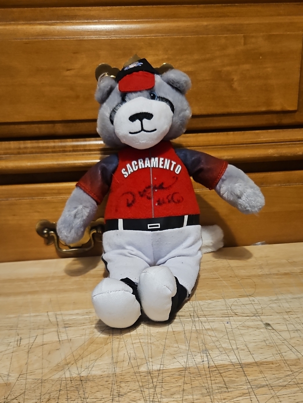 Autographed-Sacramento Rivercats Plush Bear - Gray and Red Stuffed Animal